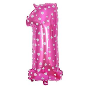 Balon din Folie Metalizata , Figurina Cifra, Imprimeu Inimi, Tema Aniversare 80 cm, Ambalaj Individual, Pai inclus, Umflare cu Aer sau Heliu, Roz, Cifra 1