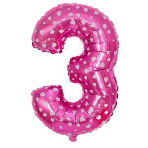 Balon din Folie Metalizata , Figurina Cifra, Imprimeu Inimi, Tema Aniversare 80 cm, Ambalaj Individual, Pai inclus, Umflare cu Aer sau Heliu, Roz, Cifra 3