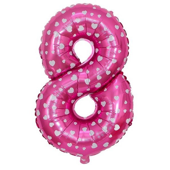 Balon din Folie Metalizata , Figurina Cifra, Imprimeu Inimi, Tema Aniversare 80 cm, Ambalaj Individual, Pai inclus, Umflare cu Aer sau Heliu, Roz, Cifra 8