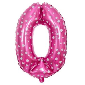 Balon din Folie Metalizata , Figurina Cifra, Imprimeu Inimi, Tema Aniversare 80 cm, Ambalaj Individual, Pai inclus, Umflare cu Aer sau Heliu, Roz, Cifra 0