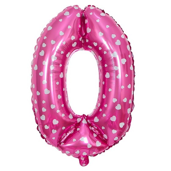 Balon din Folie Metalizata , Figurina Cifra, Imprimeu Inimi, Tema Aniversare 80 cm, Ambalaj Individual, Pai inclus, Umflare cu Aer sau Heliu, Roz, Cifra 0