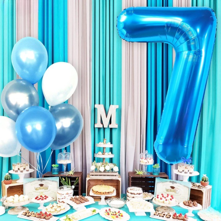 Balon din Folie Metalizata , Figurina Cifra, Tema Aniversare 40 cm, Ambalaj Individual, Pai inclus, Umflare cu Aer sau Heliu, Albastru, Cifra 7 - imagine 2