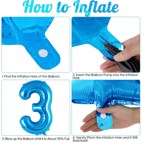 Balon din Folie Metalizata , Figurina Cifra, Tema Aniversare 40 cm, Ambalaj Individual, Pai inclus, Umflare cu Aer sau Heliu, Albastru, Cifra 3 - imagine 2