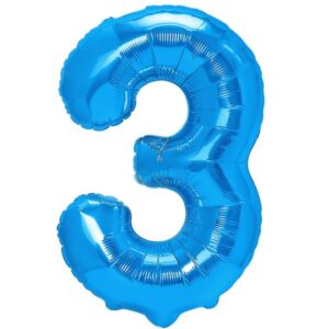 Balon din Folie Metalizata , Figurina Cifra, Tema Aniversare 40 cm, Ambalaj Individual, Pai inclus, Umflare cu Aer sau Heliu, Albastru, Cifra 3