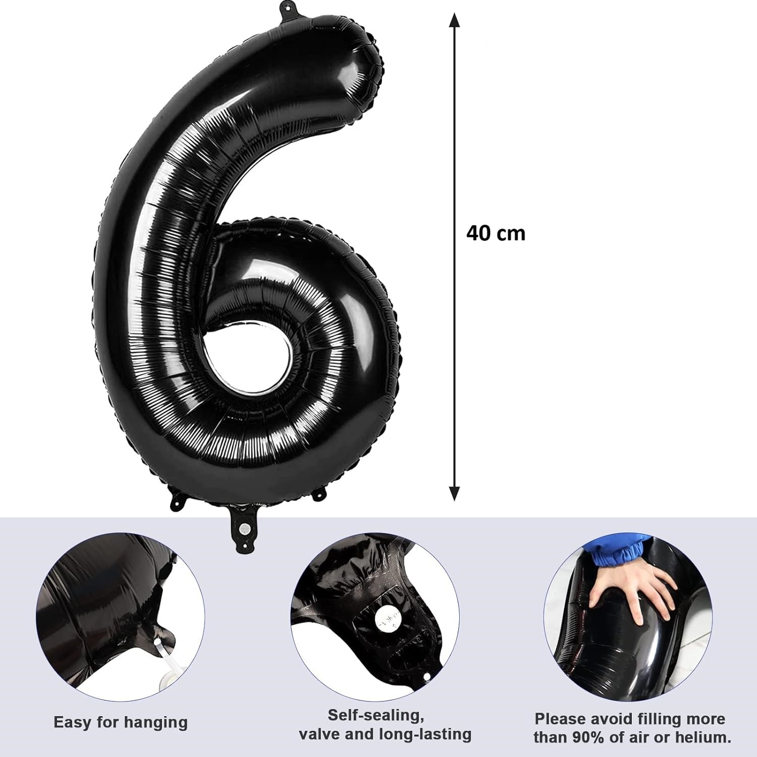 Balon din Folie Metalizata , Figurina Cifra, Tema Aniversare 40 cm, Ambalaj Individual, Pai inclus, Umflare cu Aer sau Heliu, Negru, Cifra 6 - imagine 2