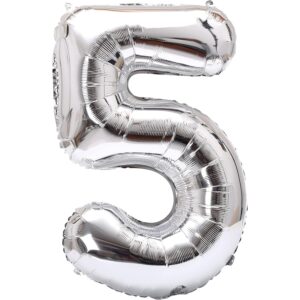 Balon din Folie Metalizata , Figurina Cifra, Tema Aniversare 40 cm, Ambalaj Individual, Pai inclus, Umflare cu Aer sau Heliu, Argintiu, Cifra 5