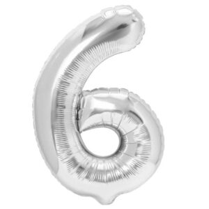 Balon din Folie Metalizata , Figurina Cifra, Tema Aniversare 40 cm, Ambalaj Individual, Pai inclus, Umflare cu Aer sau Heliu, Argintiu, Cifra 6