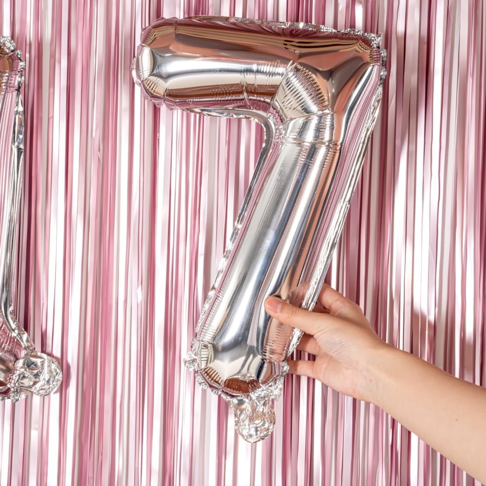 Balon din Folie Metalizata , Figurina Cifra, Tema Aniversare 40 cm, Ambalaj Individual, Pai inclus, Umflare cu Aer sau Heliu, Argintiu, Cifra 7 - imagine 2