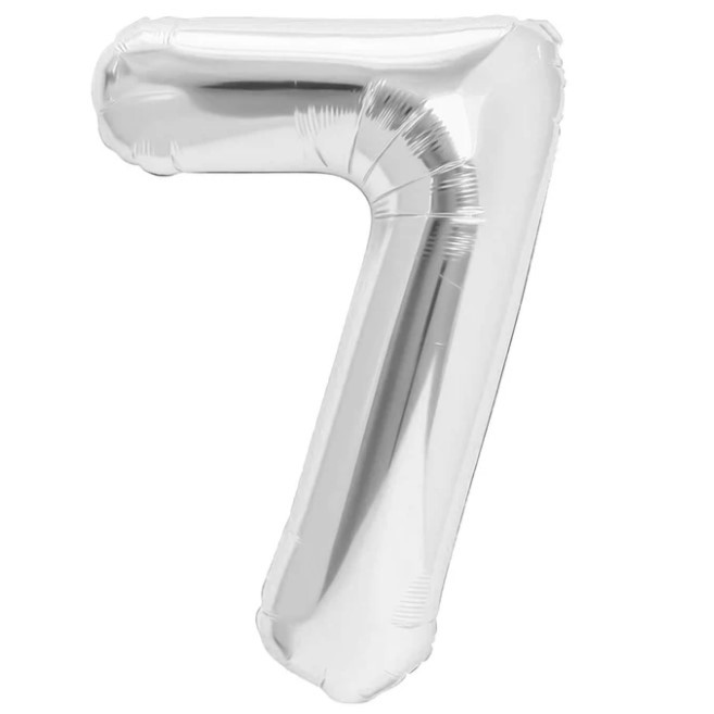 Balon din Folie Metalizata , Figurina Cifra, Tema Aniversare 40 cm, Ambalaj Individual, Pai inclus, Umflare cu Aer sau Heliu, Argintiu, Cifra 7
