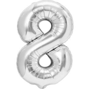 Balon din Folie Metalizata , Figurina Cifra, Tema Aniversare 40 cm, Ambalaj Individual, Pai inclus, Umflare cu Aer sau Heliu, Argintiu, Cifra 8