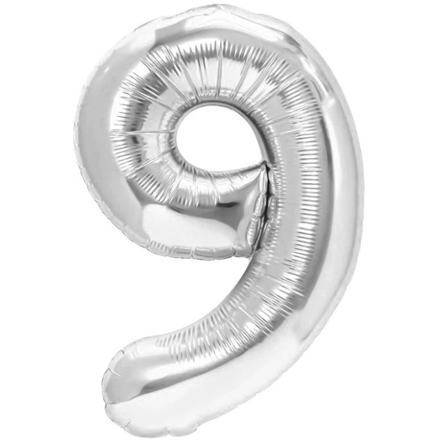 Balon din Folie Metalizata , Figurina Cifra, Tema Aniversare 40 cm, Ambalaj Individual, Pai inclus, Umflare cu Aer sau Heliu, Argintiu, Cifra 9