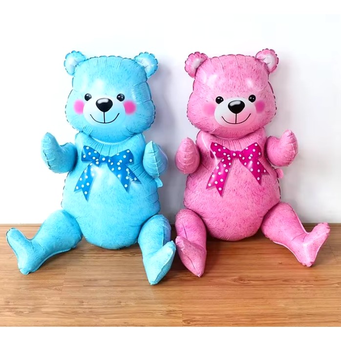 Balon din Folie Metalizata, , Figurina Animalute, Model Ursulet Asezat, Tematica Aniversare, 44x82.5 cm, Ambalaj Individual, Pai Inclus, Umflare cu Aer sau Heliu, Albastru - imagine 3