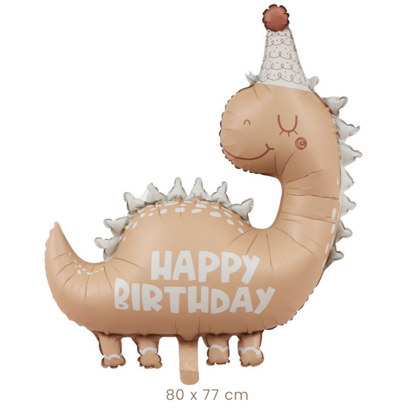 Balon din Folie Metalizata, , Figurina Animata, Model Dinozaur Happy Birthday, 80 x 77 cm, Ambalaj Individual, Pai Inclus, Umflare cu Aer sau Heliu, Maro - imagine 2