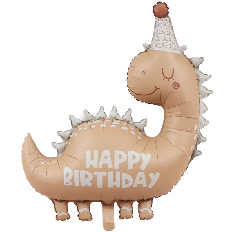 Balon din Folie Metalizata, , Figurina Animata, Model Dinozaur Happy Birthday, 80 x 77 cm, Ambalaj Individual, Pai Inclus, Umflare cu Aer sau Heliu, Maro