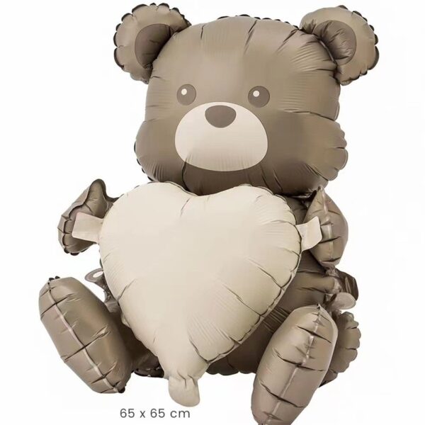Balon din Folie Metalizata, , Figurina Animata, Model Ursulet cu Inima, 65 x 65 cm, Ambalaj Individual, Pai Inclus, Umflare cu Aer sau Heliu, Maro - imagine 2