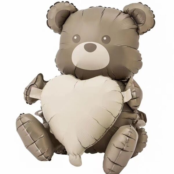Balon din Folie Metalizata, , Figurina Animata, Model Ursulet cu Inima, 65 x 65 cm, Ambalaj Individual, Pai Inclus, Umflare cu Aer sau Heliu, Maro