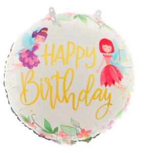 Balon din Folie Metalizata, , Figurina Cerc, Model Happy Birthday cu Zane, Tematica Aniversare, 45 cm, Ambalaj Individual, Pai Inclus, Umflare cu Aer sau Heliu, Multicolor