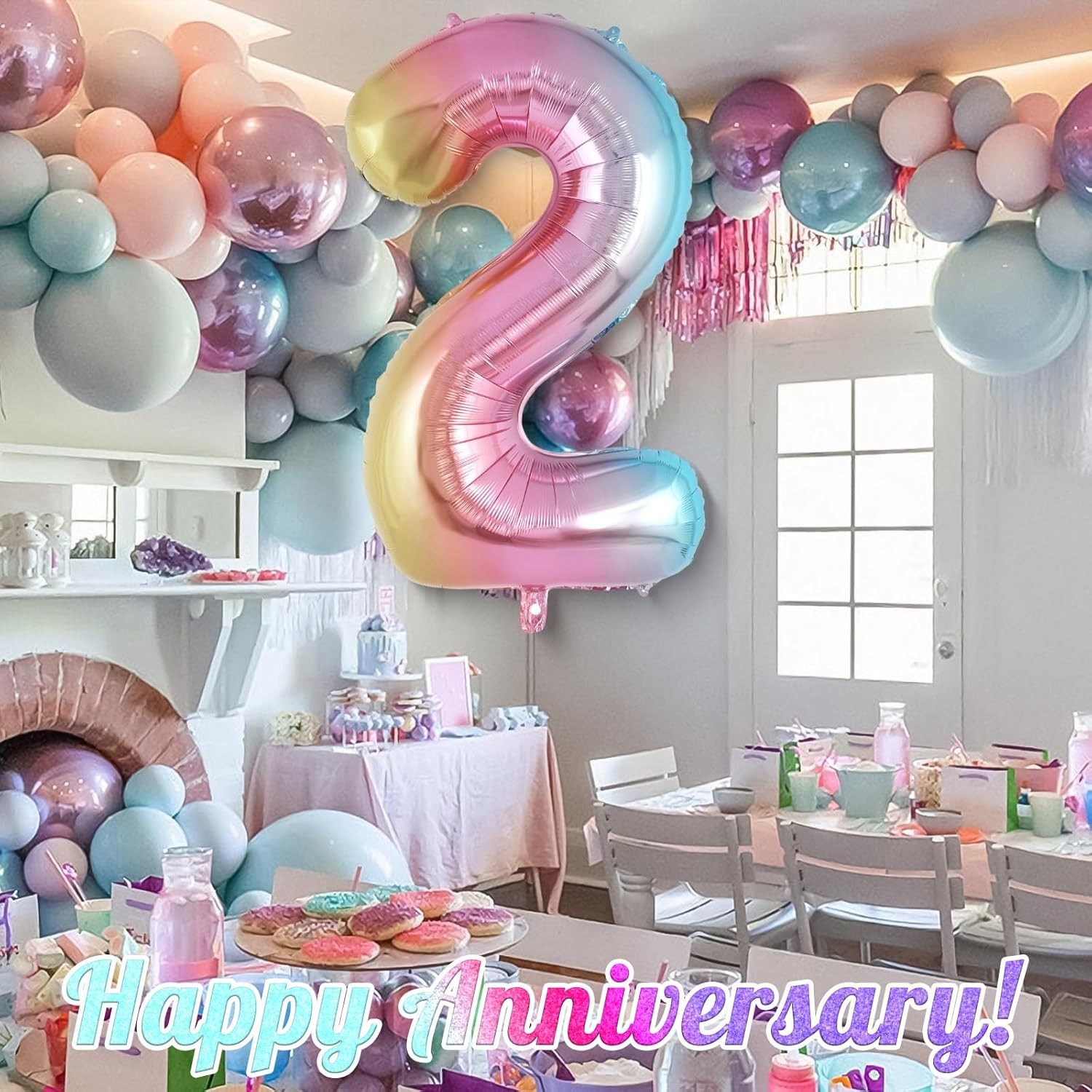 Balon din Folie Metalizata , Figurina Cifra Gradient, Tema Aniversare 40 cm, Ambalaj Individual, Pai inclus, Umflare cu Aer sau Heliu, Multicolor, Cifra 2 - imagine 2