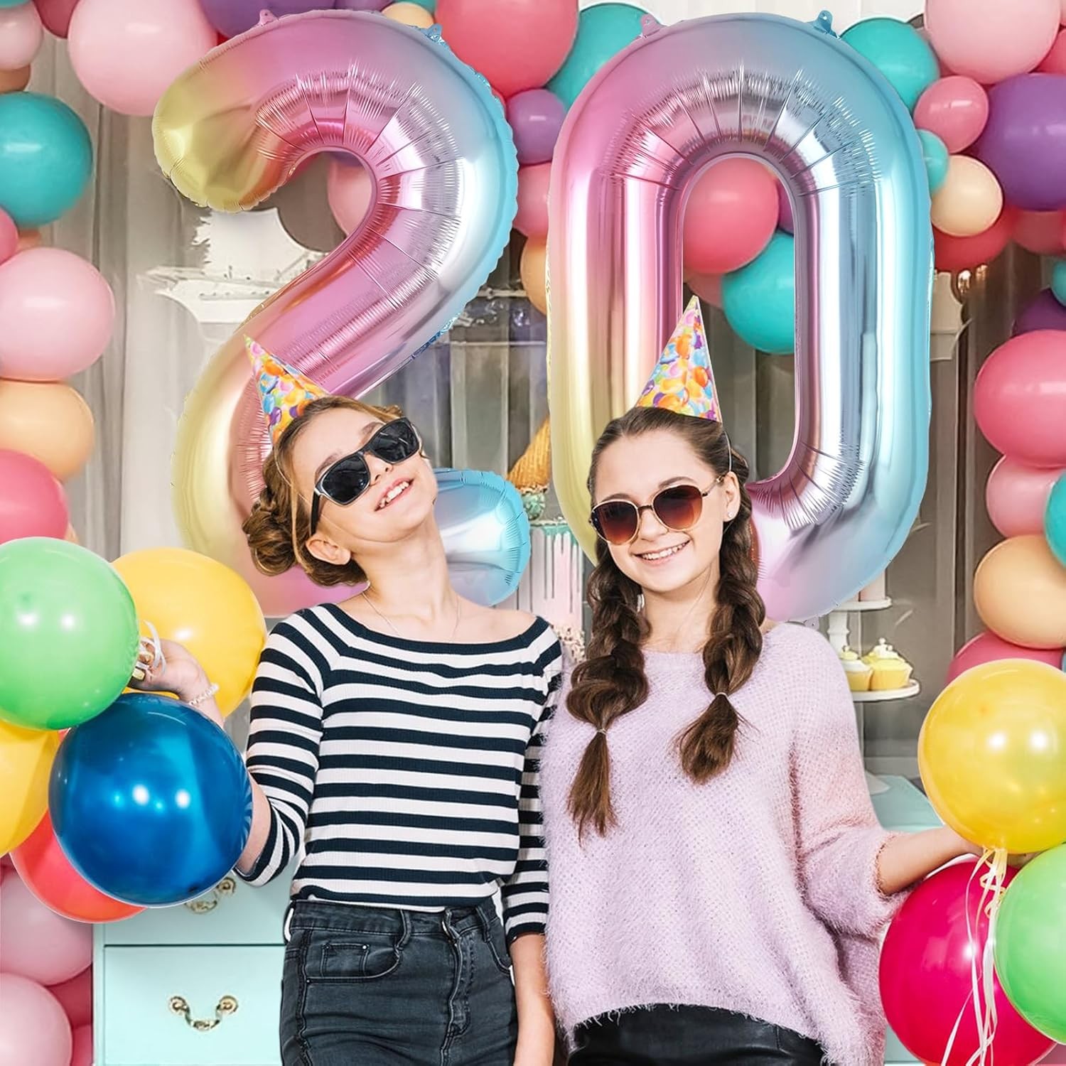 Balon din Folie Metalizata , Figurina Cifra Gradient, Tema Aniversare 40 cm, Ambalaj Individual, Pai inclus, Umflare cu Aer sau Heliu, Multicolor, Cifra 2 - imagine 3