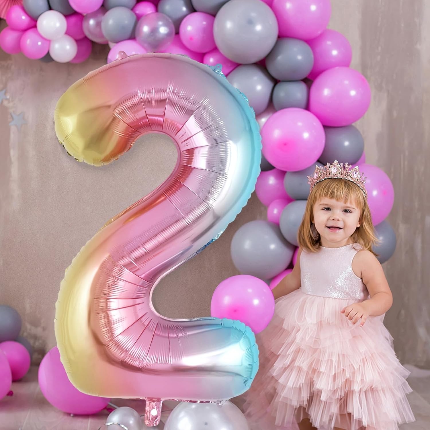 Balon din Folie Metalizata , Figurina Cifra Gradient, Tema Aniversare 40 cm, Ambalaj Individual, Pai inclus, Umflare cu Aer sau Heliu, Multicolor, Cifra 2 - imagine 4