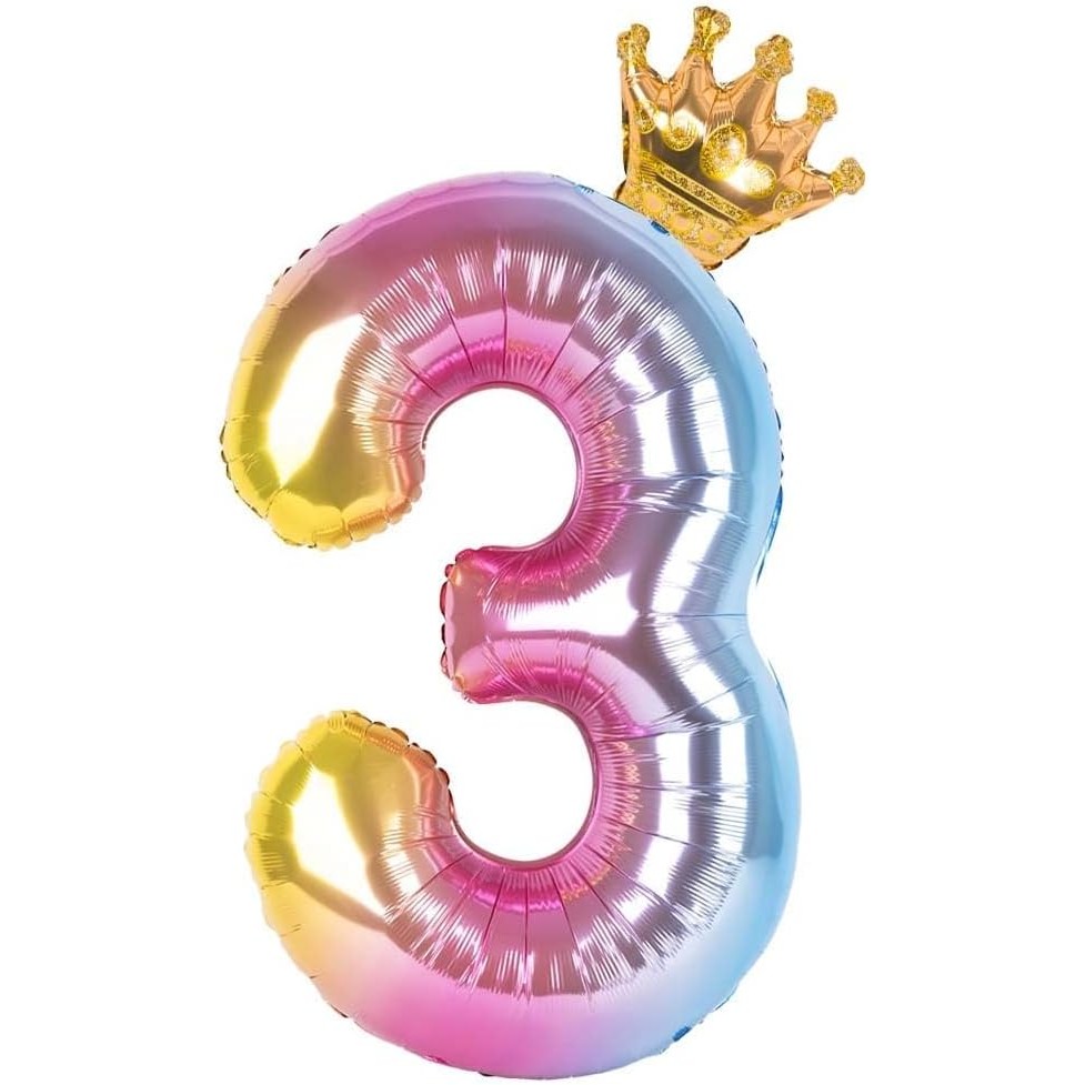 Balon din Folie Metalizata, , Figurina Cifra Gradient, Tema Aniversare 80 cm, Ambalaj Individual, Pai inclus, Umflare cu Aer sau Heliu, Coronita, Cifra 3 - imagine 4