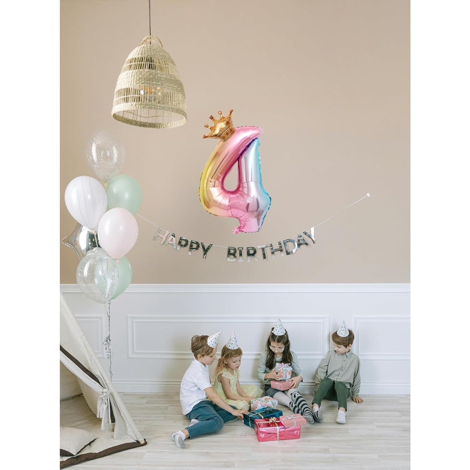 Balon din Folie Metalizata, , Figurina Cifra Gradient, Tema Aniversare 80 cm, Ambalaj Individual, Pai inclus, Umflare cu Aer sau Heliu, Coronita, Cifra 4 - imagine 3