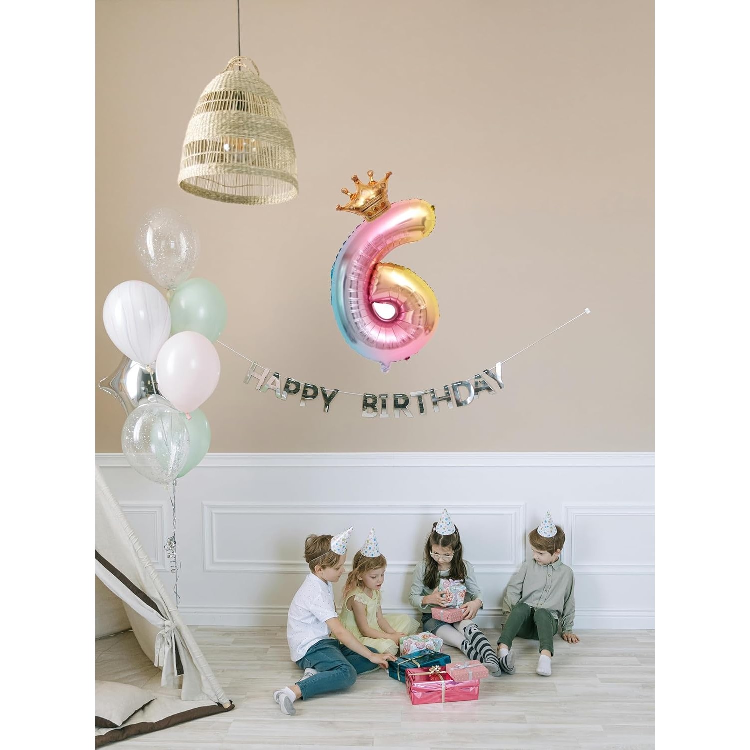 Balon din Folie Metalizata, , Figurina Cifra Gradient, Tema Aniversare 80 cm, Ambalaj Individual, Pai inclus, Umflare cu Aer sau Heliu, Coronita, Cifra 6 - imagine 3