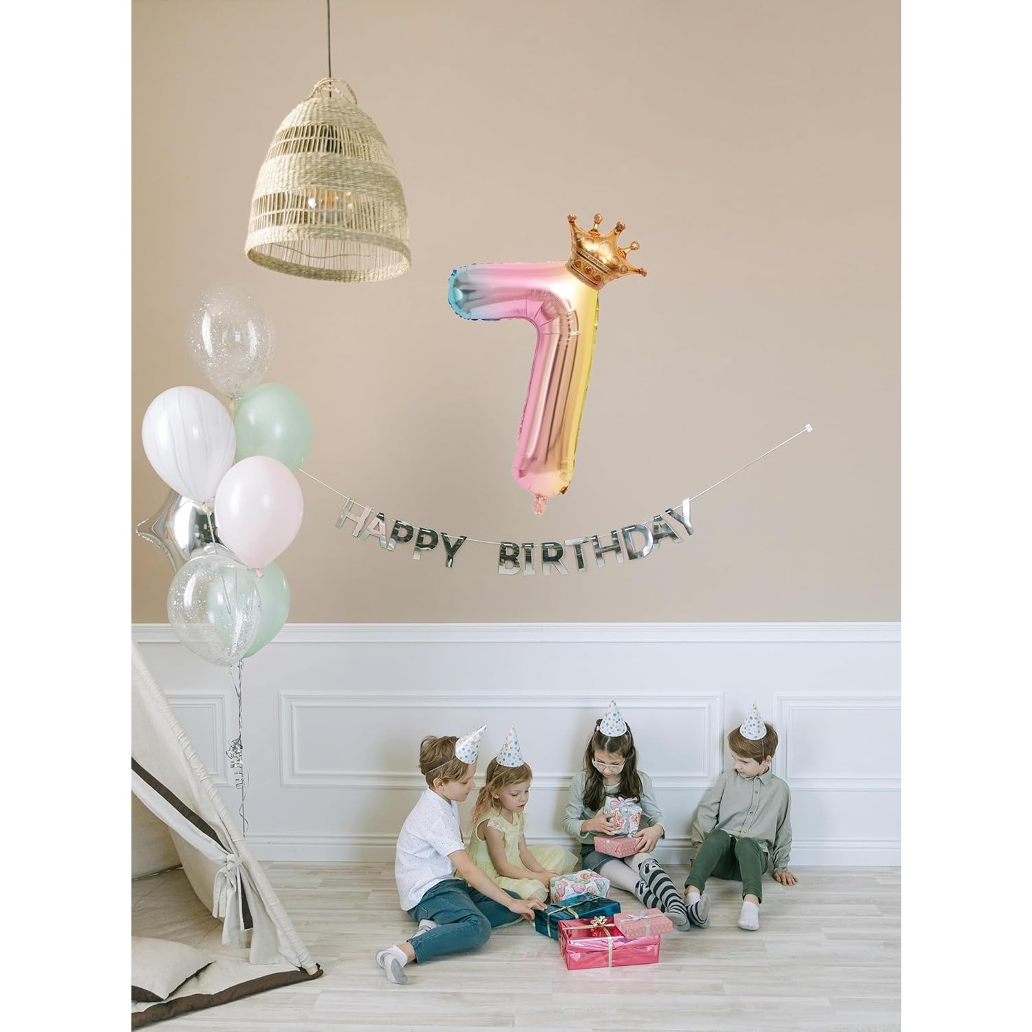 Balon din Folie Metalizata, , Figurina Cifra Gradient, Tema Aniversare 80 cm, Ambalaj Individual, Pai inclus, Umflare cu Aer sau Heliu, Coronita, Cifra 7 - imagine 3