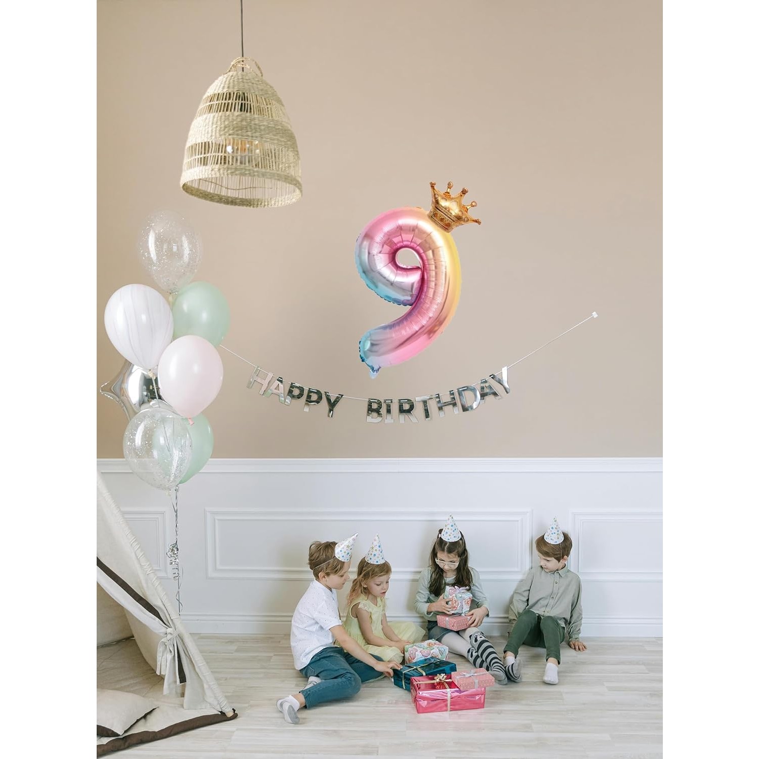 Balon din Folie Metalizata, , Figurina Cifra Gradient, Tema Aniversare 80 cm, Ambalaj Individual, Pai inclus, Umflare cu Aer sau Heliu, Coronita, Cifra 9 - imagine 3