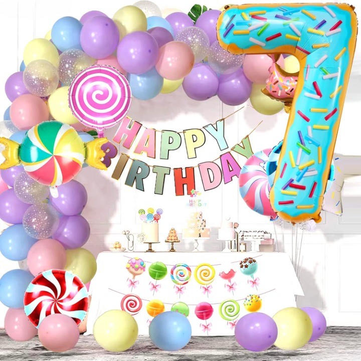 Balon din Folie Metalizata , Figurina Cifra, Imprimeu Gogosi, Tema Aniversare 100 cm, Ambalaj Individual, Pai inclus, Umflare cu Aer sau Heliu, Multicolor, Cifra 7 - imagine 2