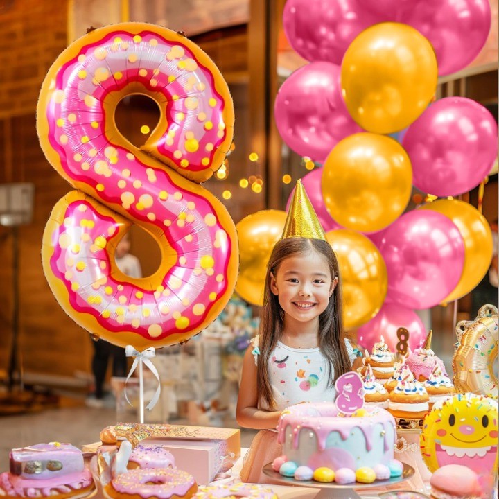 Balon din Folie Metalizata , Figurina Cifra, Imprimeu Gogosi, Tema Aniversare 100 cm, Ambalaj Individual, Pai inclus, Umflare cu Aer sau Heliu, Multicolor, Cifra 8 - imagine 2