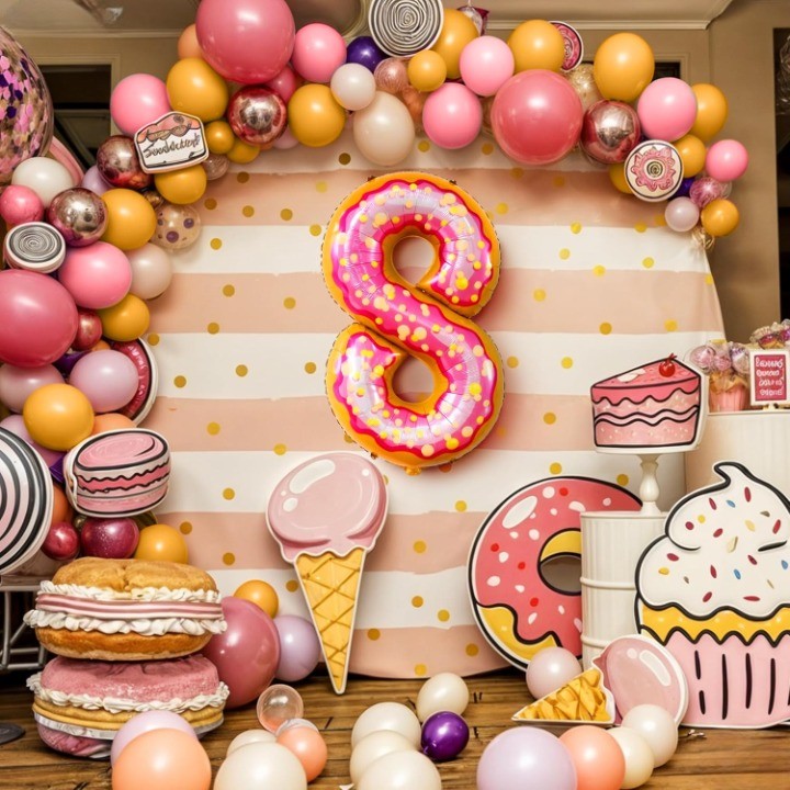 Balon din Folie Metalizata , Figurina Cifra, Imprimeu Gogosi, Tema Aniversare 100 cm, Ambalaj Individual, Pai inclus, Umflare cu Aer sau Heliu, Multicolor, Cifra 8 - imagine 4