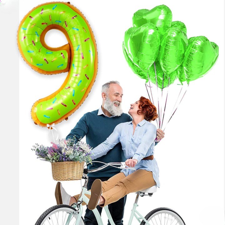 Balon din Folie Metalizata , Figurina Cifra, Imprimeu Gogosi, Tema Aniversare 100 cm, Ambalaj Individual, Pai inclus, Umflare cu Aer sau Heliu, Multicolor, Cifra 9 - imagine 2