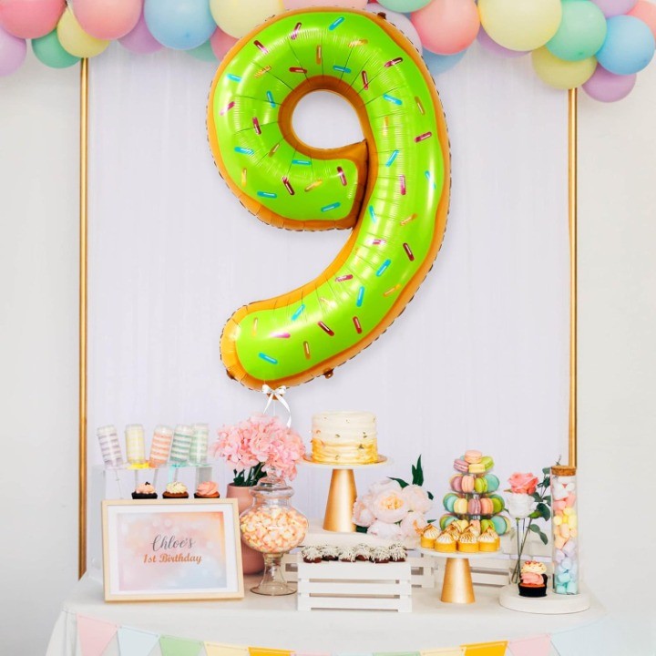 Balon din Folie Metalizata , Figurina Cifra, Imprimeu Gogosi, Tema Aniversare 100 cm, Ambalaj Individual, Pai inclus, Umflare cu Aer sau Heliu, Multicolor, Cifra 9 - imagine 4