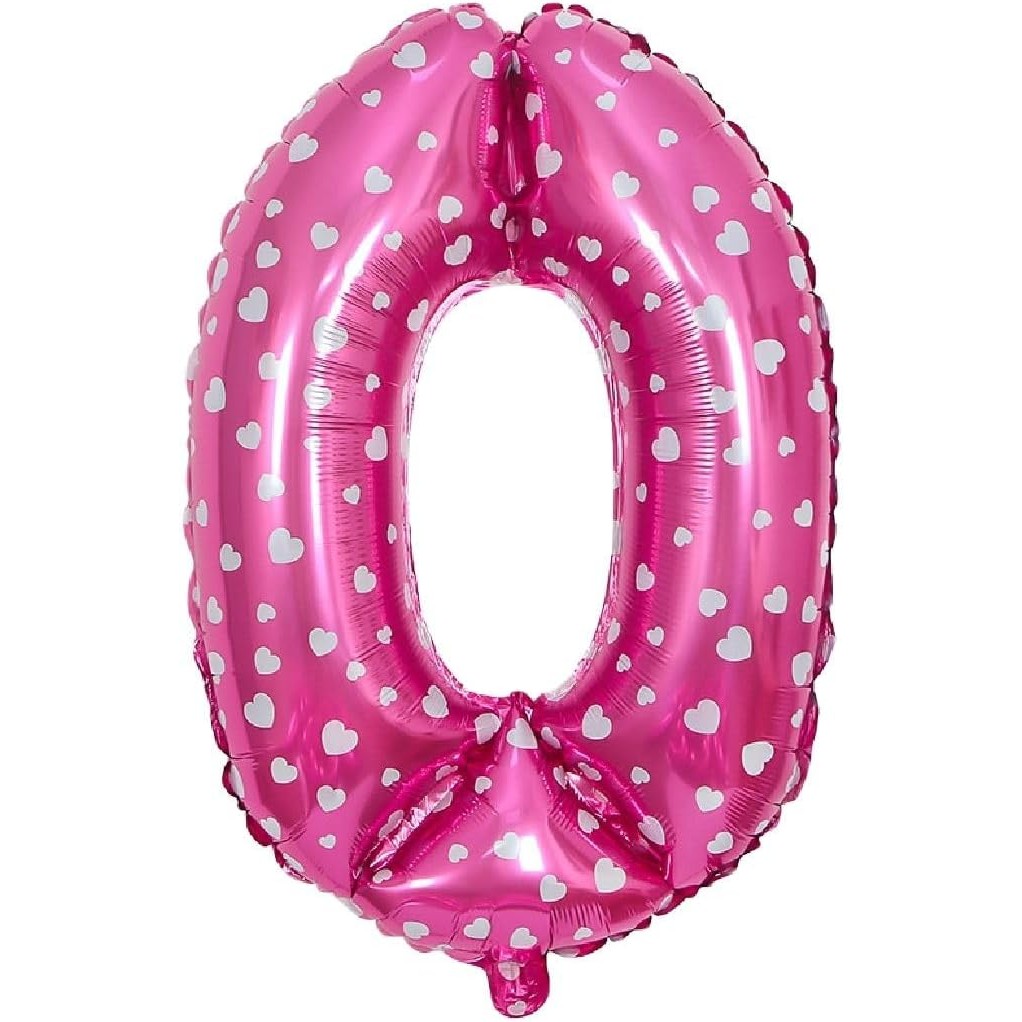 Balon din Folie Metalizata , Figurina Cifra, Imprimeu Inimi, Tema Aniversare 80 cm, Ambalaj Individual, Pai inclus, Umflare cu Aer sau Heliu, Roz, Cifra 0 - imagine 3