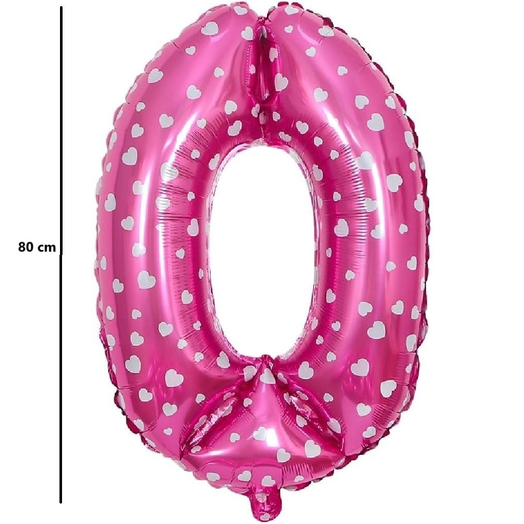 Balon din Folie Metalizata , Figurina Cifra, Imprimeu Inimi, Tema Aniversare 80 cm, Ambalaj Individual, Pai inclus, Umflare cu Aer sau Heliu, Roz, Cifra 0 - imagine 4