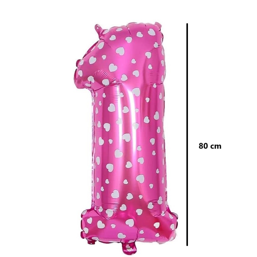 Balon din Folie Metalizata , Figurina Cifra, Imprimeu Inimi, Tema Aniversare 80 cm, Ambalaj Individual, Pai inclus, Umflare cu Aer sau Heliu, Roz, Cifra 1 - imagine 2