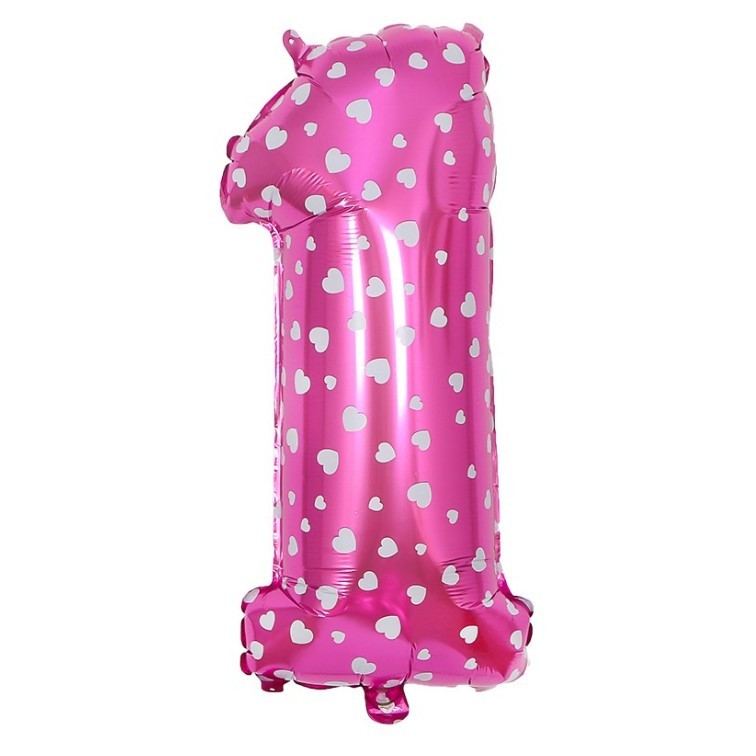 Balon din Folie Metalizata , Figurina Cifra, Imprimeu Inimi, Tema Aniversare 80 cm, Ambalaj Individual, Pai inclus, Umflare cu Aer sau Heliu, Roz, Cifra 1 - imagine 3