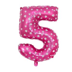 Balon din Folie Metalizata , Figurina Cifra, Imprimeu Inimi, Tema Aniversare 80 cm, Ambalaj Individual, Pai inclus, Umflare cu Aer sau Heliu, Roz, Cifra 5