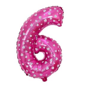 Balon din Folie Metalizata , Figurina Cifra, Imprimeu Inimi, Tema Aniversare 80 cm, Ambalaj Individual, Pai inclus, Umflare cu Aer sau Heliu, Roz, Cifra 6