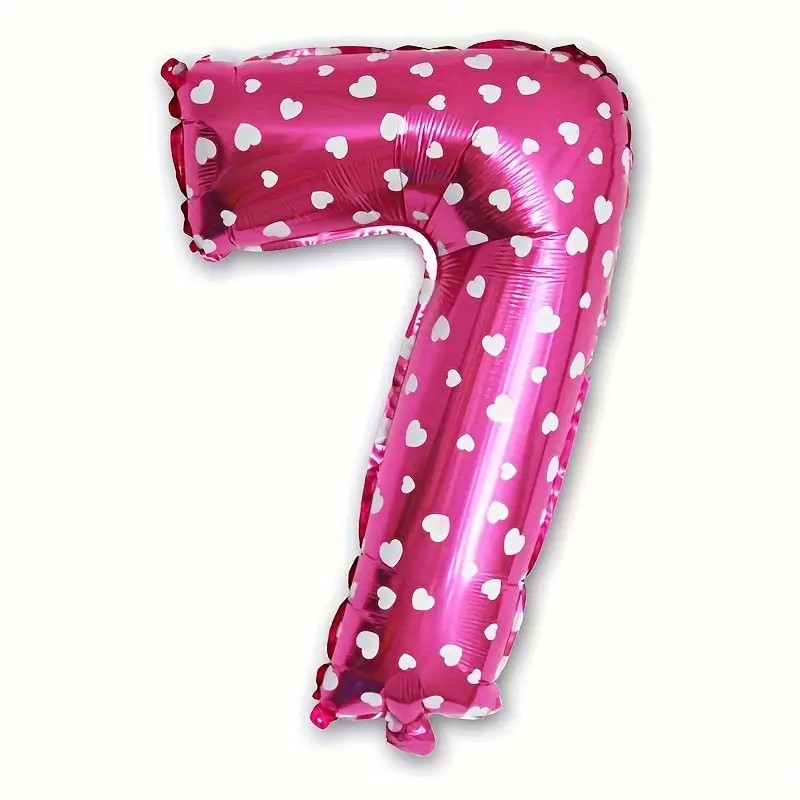 Balon din Folie Metalizata , Figurina Cifra, Imprimeu Inimi, Tema Aniversare 80 cm, Ambalaj Individual, Pai inclus, Umflare cu Aer sau Heliu, Roz, Cifra 7 - imagine 3