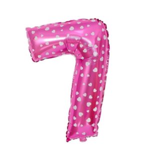 Balon din Folie Metalizata , Figurina Cifra, Imprimeu Inimi, Tema Aniversare 80 cm, Ambalaj Individual, Pai inclus, Umflare cu Aer sau Heliu, Roz, Cifra 7