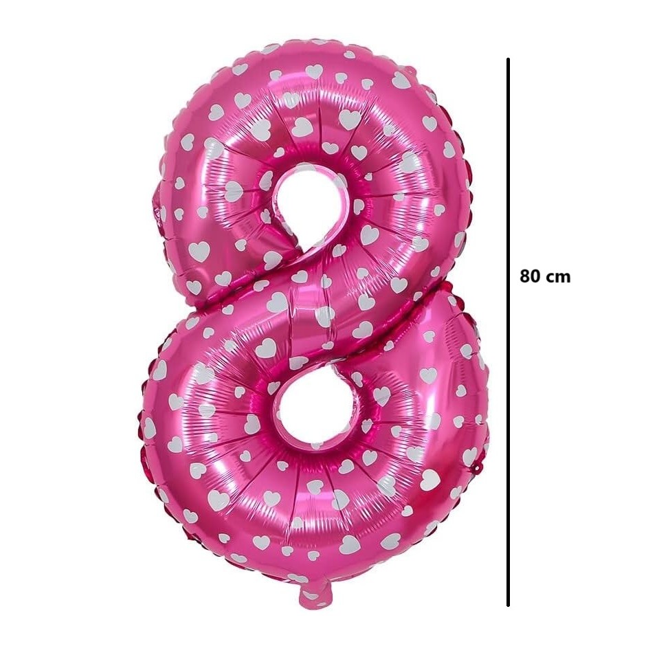 Balon din Folie Metalizata , Figurina Cifra, Imprimeu Inimi, Tema Aniversare 80 cm, Ambalaj Individual, Pai inclus, Umflare cu Aer sau Heliu, Roz, Cifra 8 - imagine 2