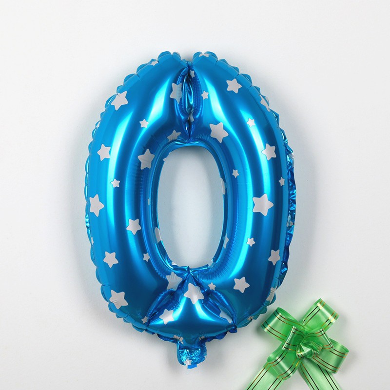 Balon din Folie Metalizata , Figurina Cifra, Imprimeu Stele, Tema Aniversare 80 cm, Ambalaj Individual, Pai inclus, Umflare cu Aer sau Heliu, Albastru, Cifra 0 - imagine 3