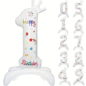 Balon din Folie Metalizata, , Figurina Cifra, Model 1 cu Happy Birthday Scris, Tema Aniversare 81 cm, Ambalaj Individual, Pai Inclus, Umflare cu Aer sau Heliu, Alb