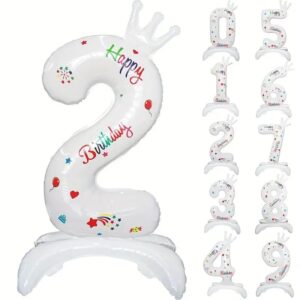 Balon din Folie Metalizata, , Figurina Cifra, Model 2 cu Happy Birthday Scris, Tema Aniversare 81 cm, Ambalaj Individual, Pai Inclus, Umflare cu Aer sau Heliu, Alb