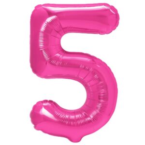 Balon din Folie Metalizata, , Figurina Cifra, Model 5, Tema Aniversare 100 cm, Ambalaj Individual, Pai Inclus, Umflare cu Aer sau Heliu, Roz