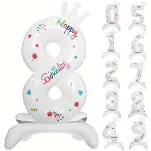 Balon din Folie Metalizata, , Figurina Cifra, Model 8 cu Happy Birthday Scris, Tema Aniversare 81 cm, Ambalaj Individual, Pai Inclus, Umflare cu Aer sau Heliu, Alb