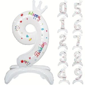 Balon din Folie Metalizata, , Figurina Cifra, Model 9 cu Happy Birthday Scris, Tema Aniversare 81 cm, Ambalaj Individual, Pai Inclus, Umflare cu Aer sau Heliu, Alb