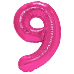 Balon din Folie Metalizata, , Figurina Cifra, Model 9, Tema Aniversare 100 cm, Ambalaj Individual, Pai Inclus, Umflare cu Aer sau Heliu, Roz